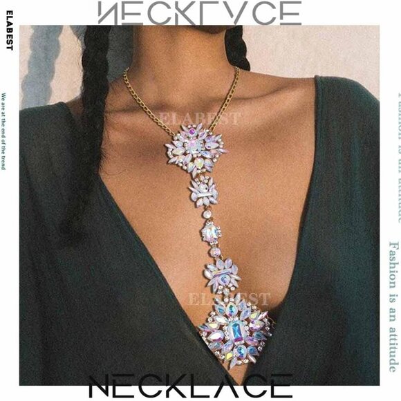 Boho Rhinestone Body Chain Jewelry Crystal Necklace Beach Party Accessory - Picture 3 of 7